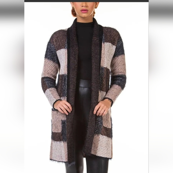 WORKSHOP Republic Open-FrontEyelash Cardigan withContrast Trim -Brown/Black. SM - Picture 1 of 14